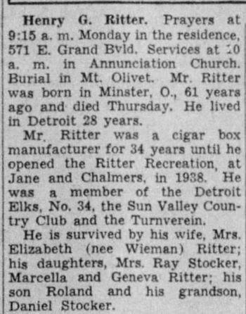 Ritter Recreation - Obituary For Henry G Ritter Jan 6 1940